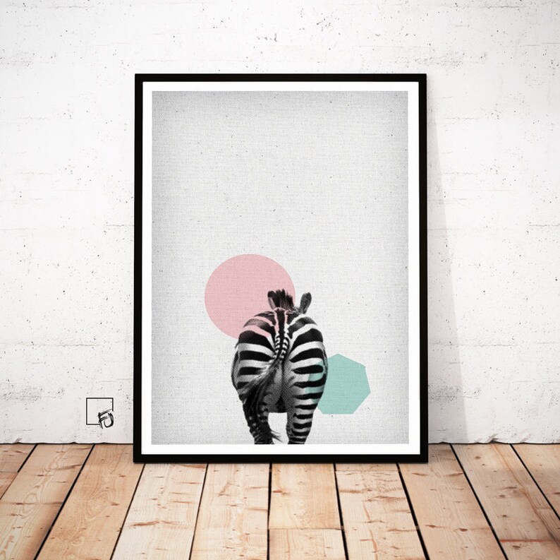 May include: A black and white zebra with a pink and teal geometric design behind it. The zebra is facing away from the viewer and its tail is visible.