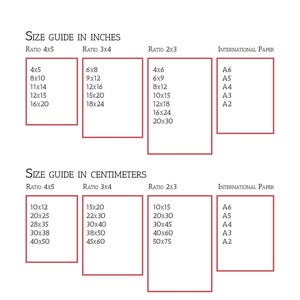 May include: A size guide for printable wall art in inches and centimeters. The guide shows the different sizes available for 4x5, 3x4, and 2x3 aspect ratios. It also includes the corresponding international paper sizes, such as A6, A5, A4, A3, and A2.