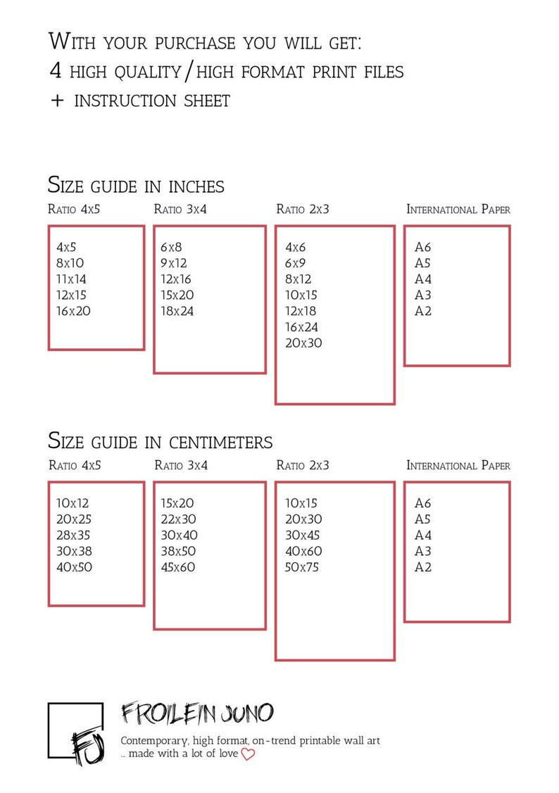 May include: A size guide for printable wall art in inches and centimeters. The guide shows the different sizes available for 4x5, 3x4, and 2x3 aspect ratios. It also includes the corresponding international paper sizes, such as A6, A5, A4, A3, and A2.