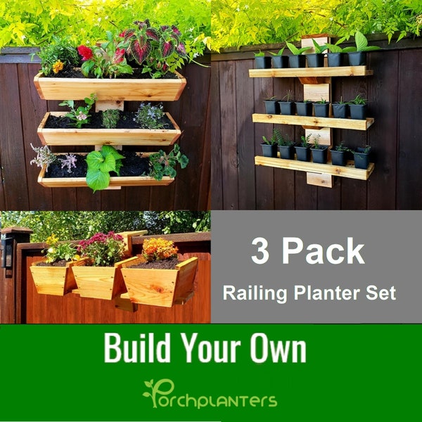 3 Pack Vertical Planter Hanging Raised Garden Build Plans | Woodworking Plans | Railing Planter | Balcony Garden Planter | Cedar Planter