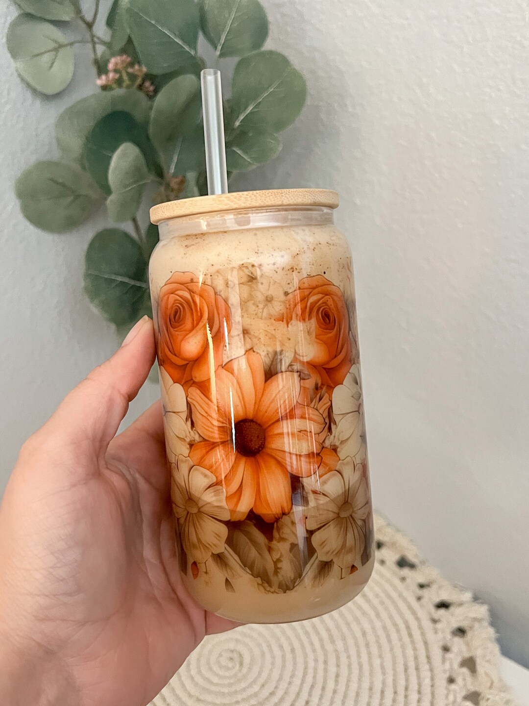 Autumn Flower Glass Can Cup With Reusable Plastic Straw and Bamboo Lid ...