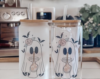 Ghost Coffee Glass Can Cup: Halloween Iced Coffee Tumbler with Bats