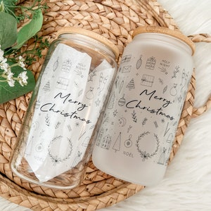 Christmas Doodles Glass Can Cup For Iced Coffee With Reusable Plastic Straw Bamboo Lid