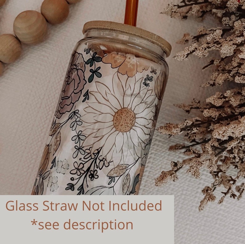Fall Floral Glass Can Cup, Iced Coffee Cup, Smoothie Glass, Fall Cup for Iced Coffee, Cold Drink Cup, Reusable Plastic Straw and Bamboo Lid, image 2