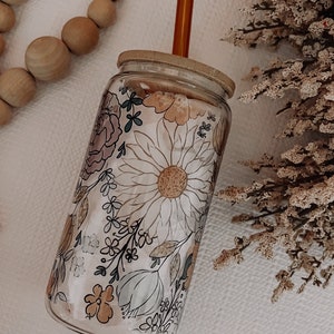 Fall Floral Glass Can Cup, Iced Coffee Cup, Smoothie Glass, Fall Cup for Iced Coffee, Cold Drink Cup, Reusable Plastic Straw and Bamboo Lid, image 3