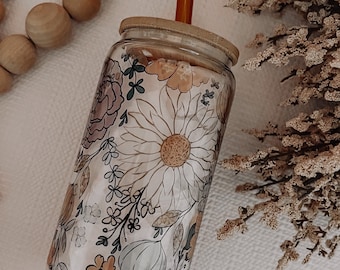 Fall Floral Glass Can Cup, Beer Can Cup, Soda Can Glass, Fall Cup for Iced Coffee, Cold Drink Cup, Reusable Plastic Straw and Bamboo Lid,