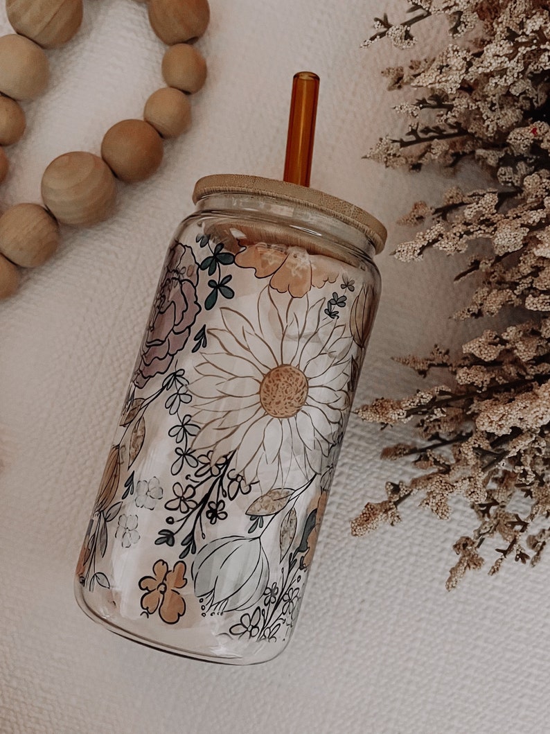 Fall Floral Glass Can Cup, Iced Coffee Cup, Smoothie Glass, Fall Cup for Iced Coffee, Cold Drink Cup, Reusable Plastic Straw and Bamboo Lid, image 3