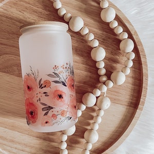 Watercolor Floral Frosted Glass Can Cup, Iced Coffee Cup, Smoothie Glass, Cup for Iced Coffee, Reusable Plastic Straw and Bamboo Lid