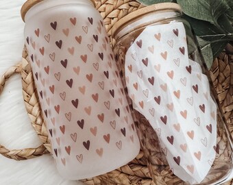 Boho Hearts Glass Can Cup: Iced Coffee, Smoothie Cup with Bamboo Lid