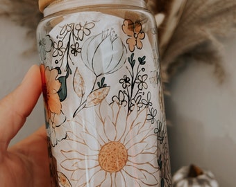 Fall Floral Glass Can Cup: Iced Coffee Tumbler with Bamboo Lid & Straw