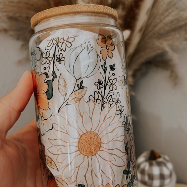 Fall Floral Glass Can Cup: Iced Coffee Tumbler with Bamboo Lid & Straw