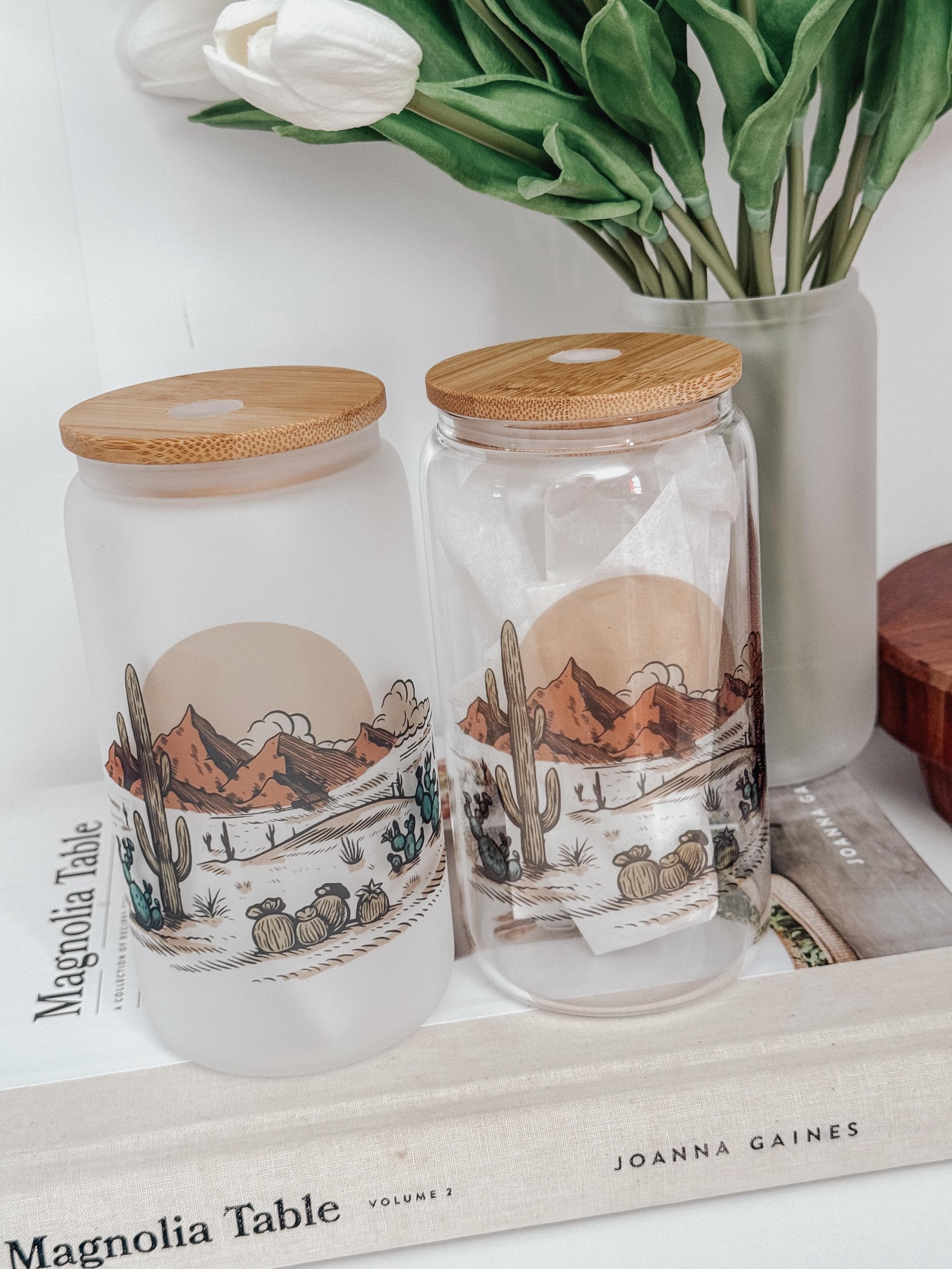 Desert Glass Can Tumbler: Western Cactus Iced Coffee Cup with Lid & Straw
