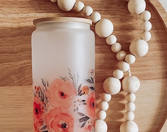 Floral Glass Can Cup: Iced Coffee, Smoothie Cup with Bamboo Lid