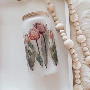 Watercolor Tulip Glass Cup: Spring Floral Iced Coffee Tumbler