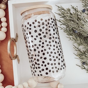 Polka Dot Glass Can Cup: Iced Coffee, Bamboo Lid & Plastic Straw