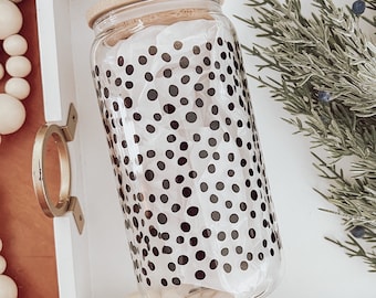 Polka Dot Glass Can Cup: Iced Coffee, Bamboo Lid & Plastic Straw