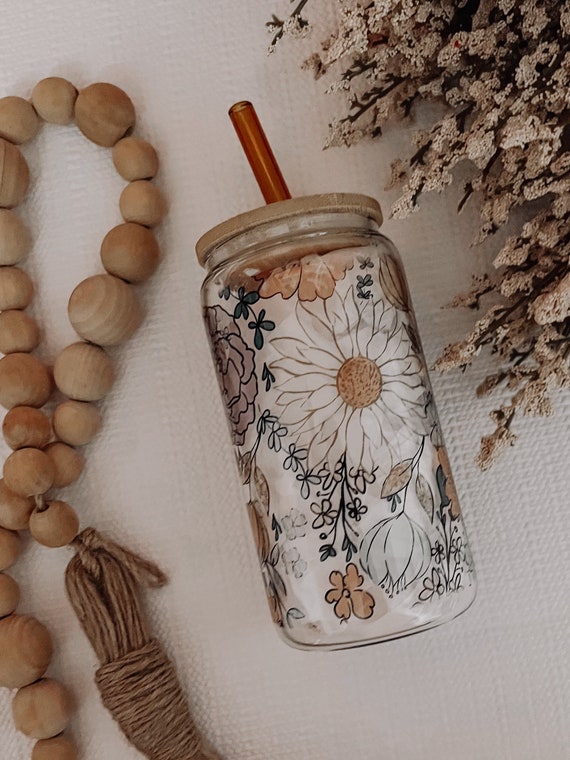 FLORAL Glass Can Cup With Bamboo Lid & Glass Straw Iced Coffee Cup Beer  Glass Can Cup Soda Glass Can Cup 