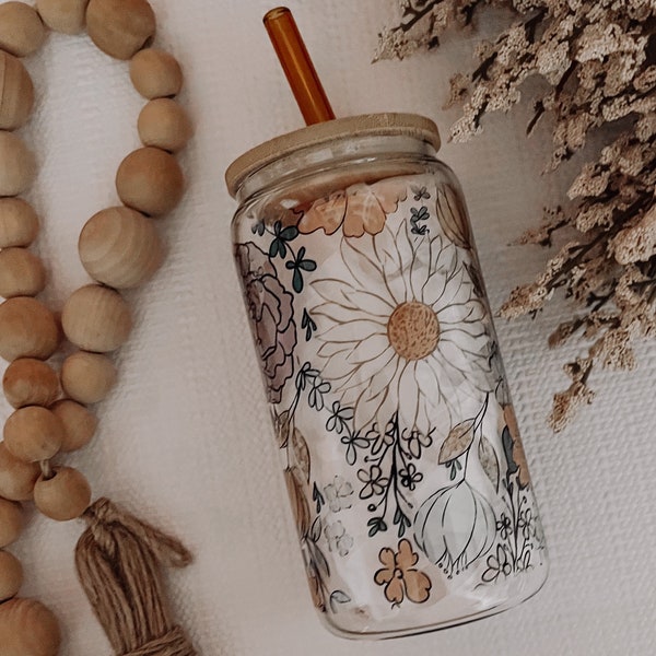 Fall Floral Glass Can Cup, Iced Coffee Cup, Smoothie Glass, Fall Cup for Iced Coffee, Cold Drink Cup, Reusable Plastic Straw and Bamboo Lid,