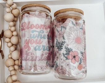 Pink Floral Glass Can Cup: Iced Coffee Cup with Bamboo Lid & Straw