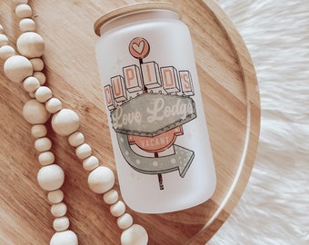 Cupids Love Lodge Beer Can Cup, Valentines Day, Iced Coffee Cup, Aesthetic Coffee Cup, Glass Can Cup, Smoothie Cup, Bamboo Lid & Straw