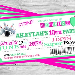 BOWLING Invitation 10 PIN Party Birthday Invite PINK personalised Boys or Girls bowling invitation