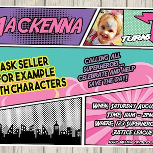 SUPERHERO GIRLS Invitation Party Birthday Girls Invite personalised party COMIC invitation