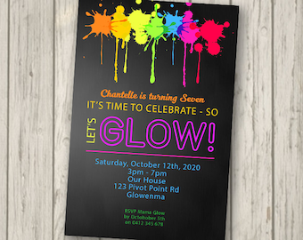 Glow Invitation Glow Party Birthday Invite personalised Boys or Girls lets glow invitation glowing