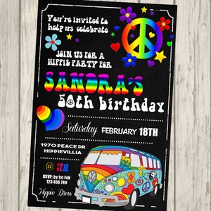 HIPPIE Invitation 18th 21st 30th 40th 50th 60th 70&#39;s 60&#39;s Peace 1970 1960 Adult Bithday Party Birthday Invite personalised invitation