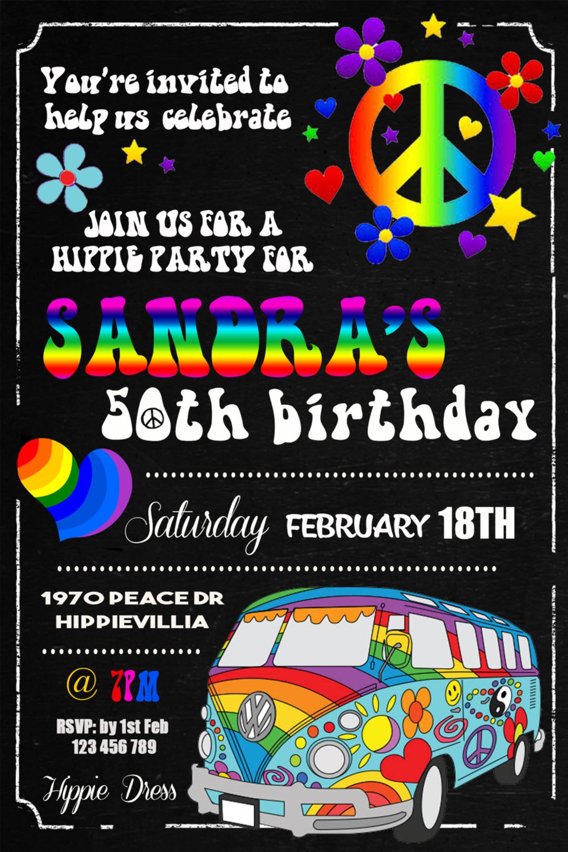 HIPPIE Invitation 18th 21st 30th 40th 50th 60th 70's Etsy UK
