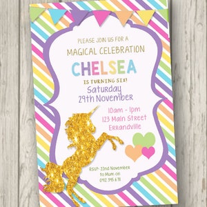 Rainbow Unicorn Birthday Party Invitation Girls Any Age Birthday Party Birthday Invite personalised Ladies