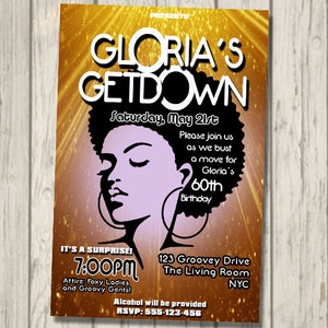 GOLD 70s Soul Train Disco Dance Party Invitation 60&#39;s 70&#39;s Party Birthday Invite The Get Down personalised disco ball invitation