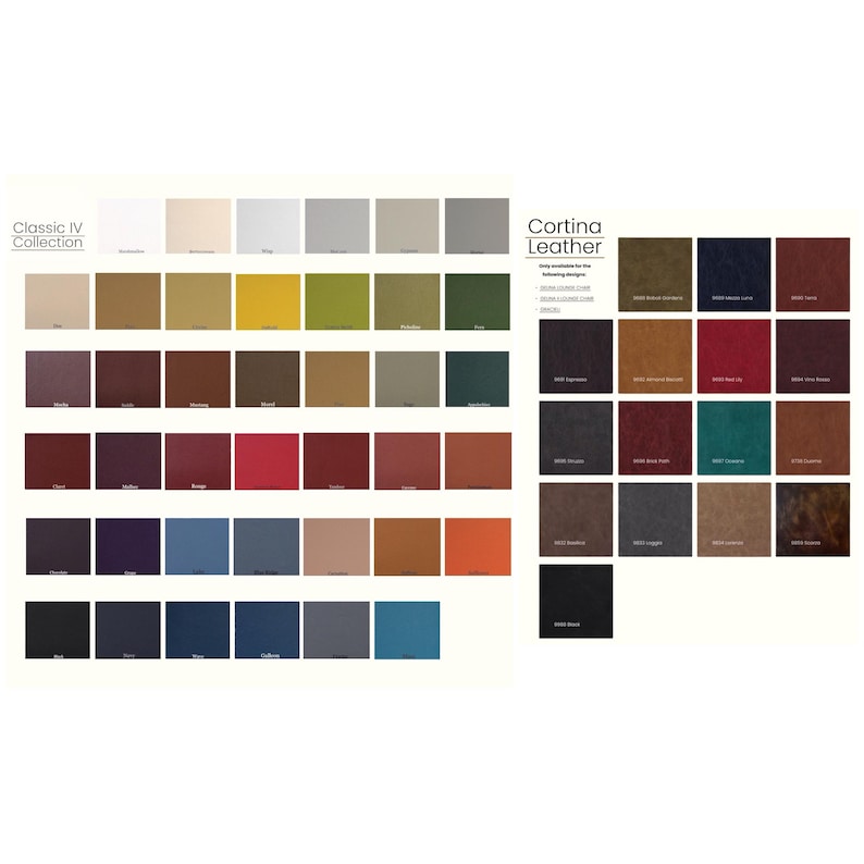 May include: A color chart of fabric swatches for upholstery. The chart is divided into two sections, "Classic IV Collection" and "Cortina Leather". The swatches are arranged in rows and columns, with each swatch labeled with a color name.