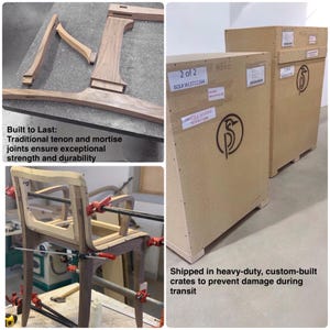 May include: A close-up of a wooden chair being assembled with clamps. The chair is made with traditional tenon and mortise joints. The chair is being shipped in a heavy-duty crate to prevent damage during transit. The crate is labeled with "Fragile Handle With Care" and "2 of 2".