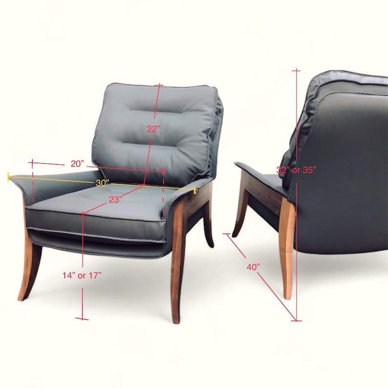 May include: Two gray upholstered armchairs with wooden legs. The chair on the left is 20 inches wide, 30 inches deep, and 22 inches tall. The chair on the right is 40 inches tall.