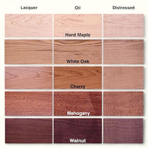 May include: A comparison of five different wood types: Hard Maple, White Oak, Cherry, Mahogany, and Walnut. Each wood type is shown in three finishes: Lacquer, Oil, and Distressed.