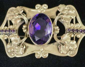 Broche Art Nouveau En Laiton Ajouré – Ornée D’améthystes – Vintage Bon état