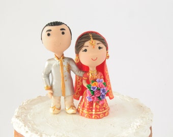 Indian wedding Chibi Wedding Cake Topper Anime Couple Bride and Groom Theme traditional Indian dress, National costume, sari, india wedding