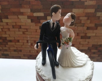 Romantic Couple With Bike Custom Wedding Cake Topper Custom Dirt Bike Kissing groom & Bride