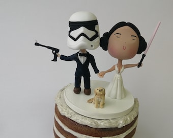 Princess leia & Stormtrooper a pet dog Wedding Cake Topper StarWars Inspired Couple Bride princess leia hairstyle and Groom with Helmets