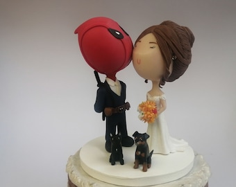 Super Hero Wedding Cake Topper Custom Deadpool Groom & Bride Wedding Cake Topper with pets dogs