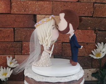 Bride with paint brush and Crown of flowers & Groom Wedding Cake Topper artist couple painters