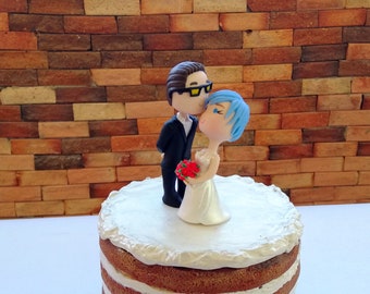 Wedding Cake Topper Anime Couple Bride blue hair and Groom Figurine Centerpiece Wedding Decoration love Cake Topper cute with glasses