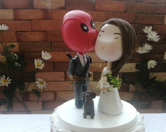 Super Hero Wedding Cake Topper Custom Deadpool Groom & Bride Wedding Cake Topper with pets dogs