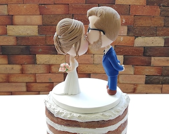 Kissing Couple Personalized Wedding Cake Topper Couple Bride and Groom full beard and glasses lenses Figurines Wedding Centerpiece Wedding