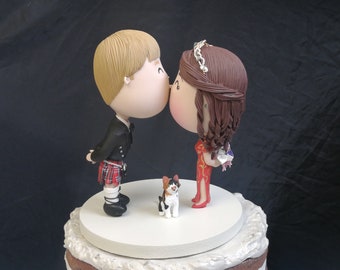 Traditional Scottish and Chinese Qipao Wedding Cake topper Cheek kissing Bride & Groom with a cat