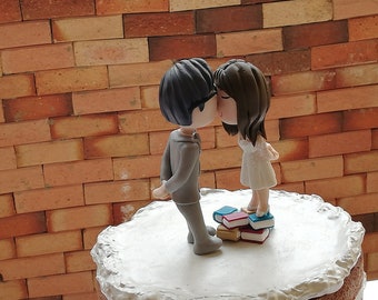 Chibi Wedding Cake Topper Anime Couple  Bride on top of books and boyfriends with glasses Figurines Wedding Centerpiece Wedding Decoration
