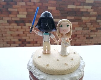 Chibi Wedding Cake Topper Custom Beach Wedding Cake Topper with Sand Base , Star Fish , BB8 , Star Wars Darth Vader Themed Light Saber