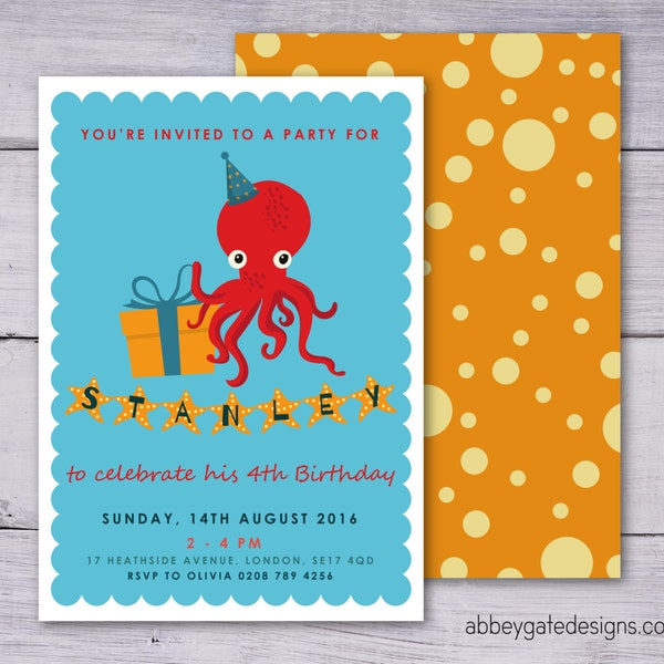 Personalised Octopus Invitation, Under the Sea Party Invitation, Printable Octopus Birthday Invitation, Blue Invite, Under the Sea Party