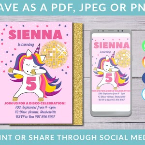 Unicorn Invitation, Editable Unicorn Invitation, Dabbing Unicorn, Unicorn Party Invitation, Unicorn Party Invite, Disco Unicorn Invite image 5