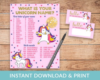 Unicorn Name Generator, Unicorn Name Game, Unicorn Party Game, Unicorn Birthday Party, Unicorn Party Poster, AVERY TEMPLATE Unicorn Name Tag